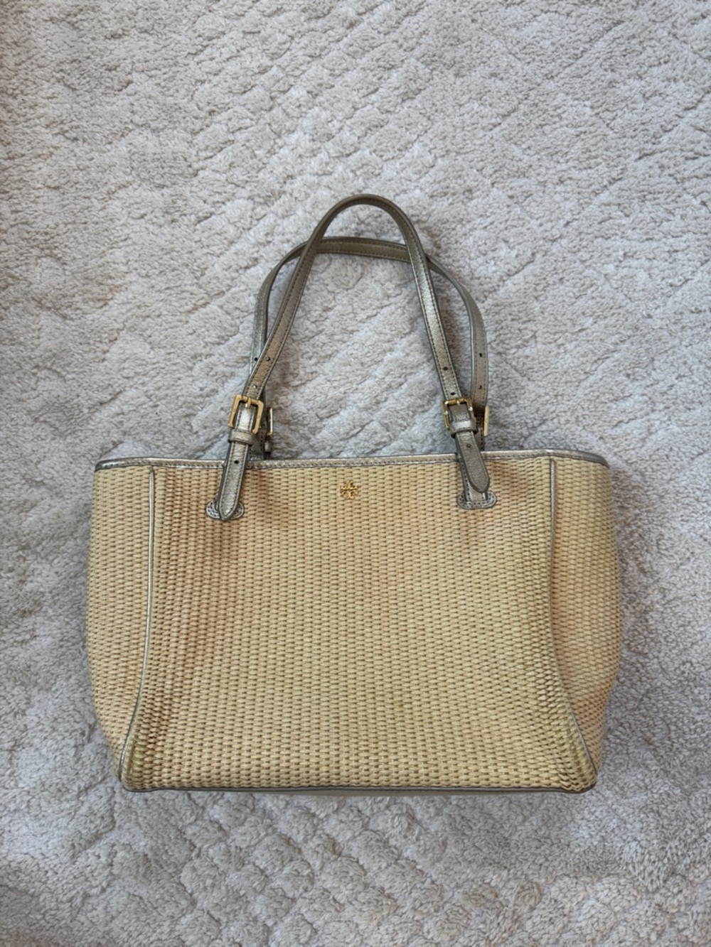 Tory Burch Buckle natural woven straw large tote with gold leather trim